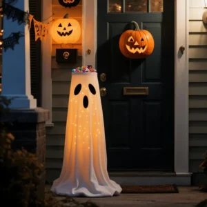 Halloween Lighted White Cloth Ghost Candy Bowl Indoor & Outdoor Decor Kit Scary Standing Ghosts Decor for Front Door Porch Yard